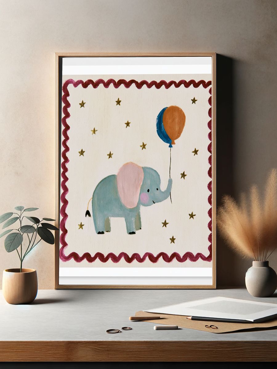 Elephant Balloon Nursery Print. — room view 2