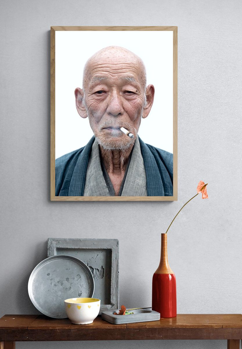Elderly Man Smoking — Portrait Print. — room view 3