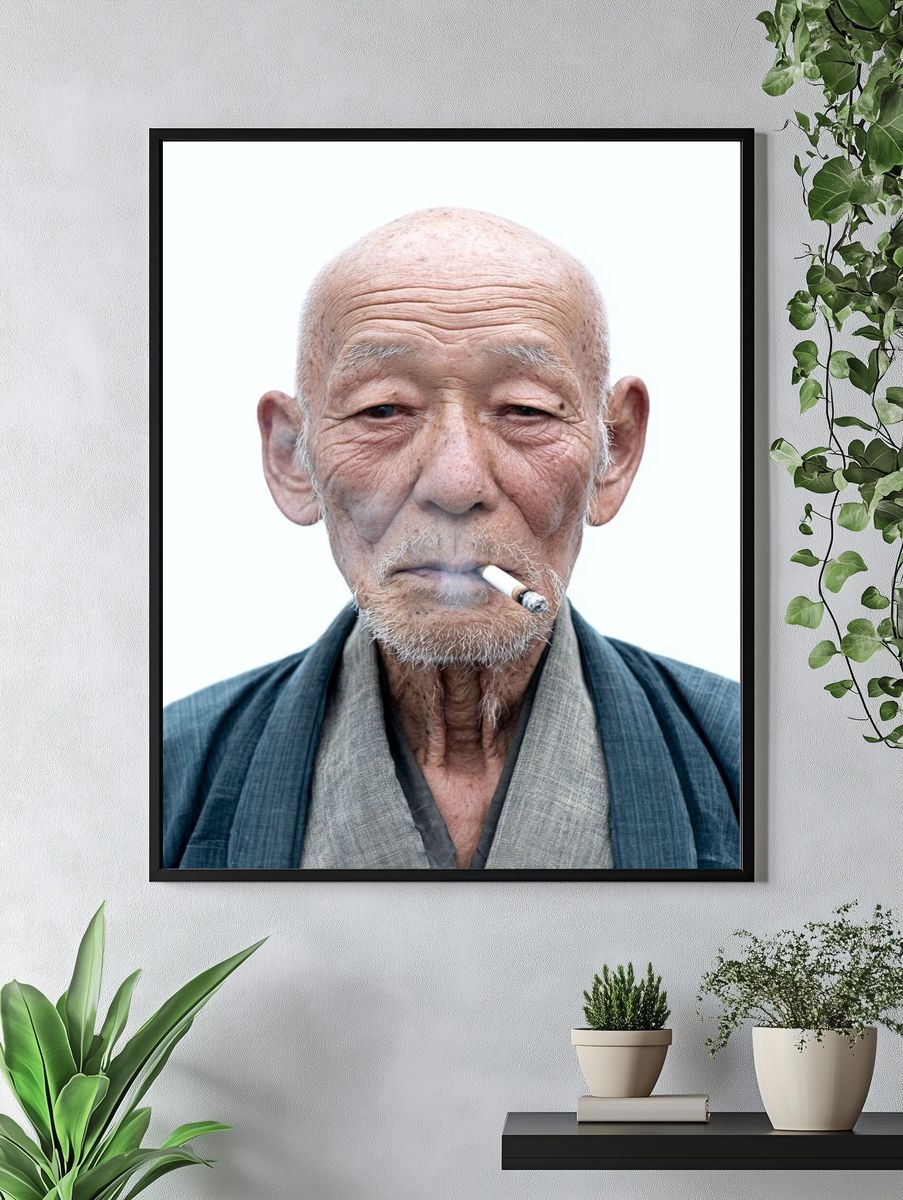 Elderly Man Smoking — Portrait Print. — room view 4