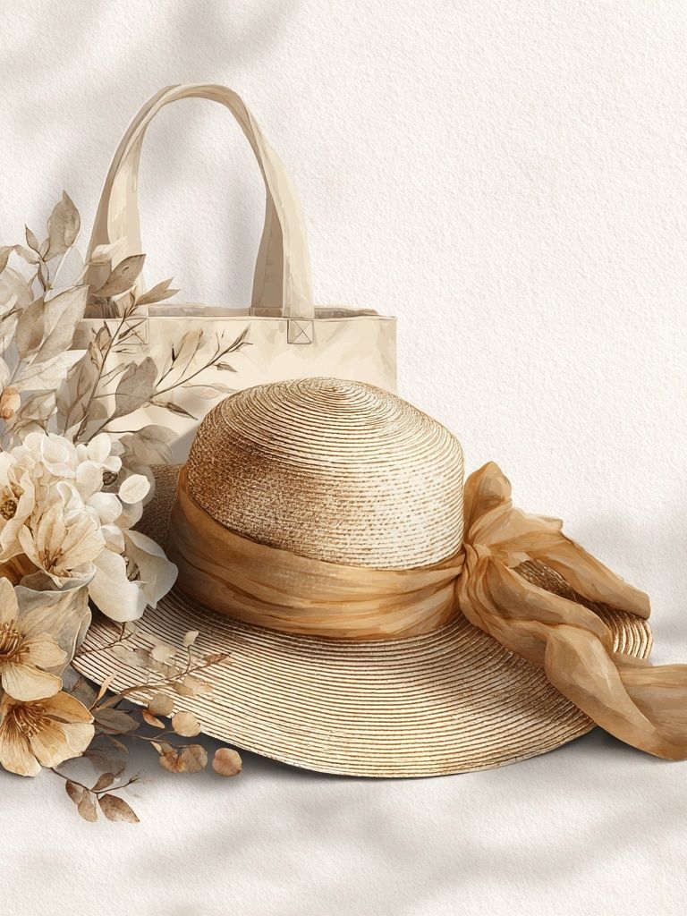 Elegant Straw Hat and Floral Arrangement Poster. poster detail