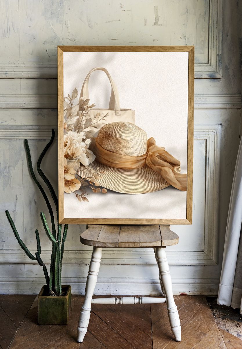 Elegant Straw Hat and Floral Arrangement Poster. room preview