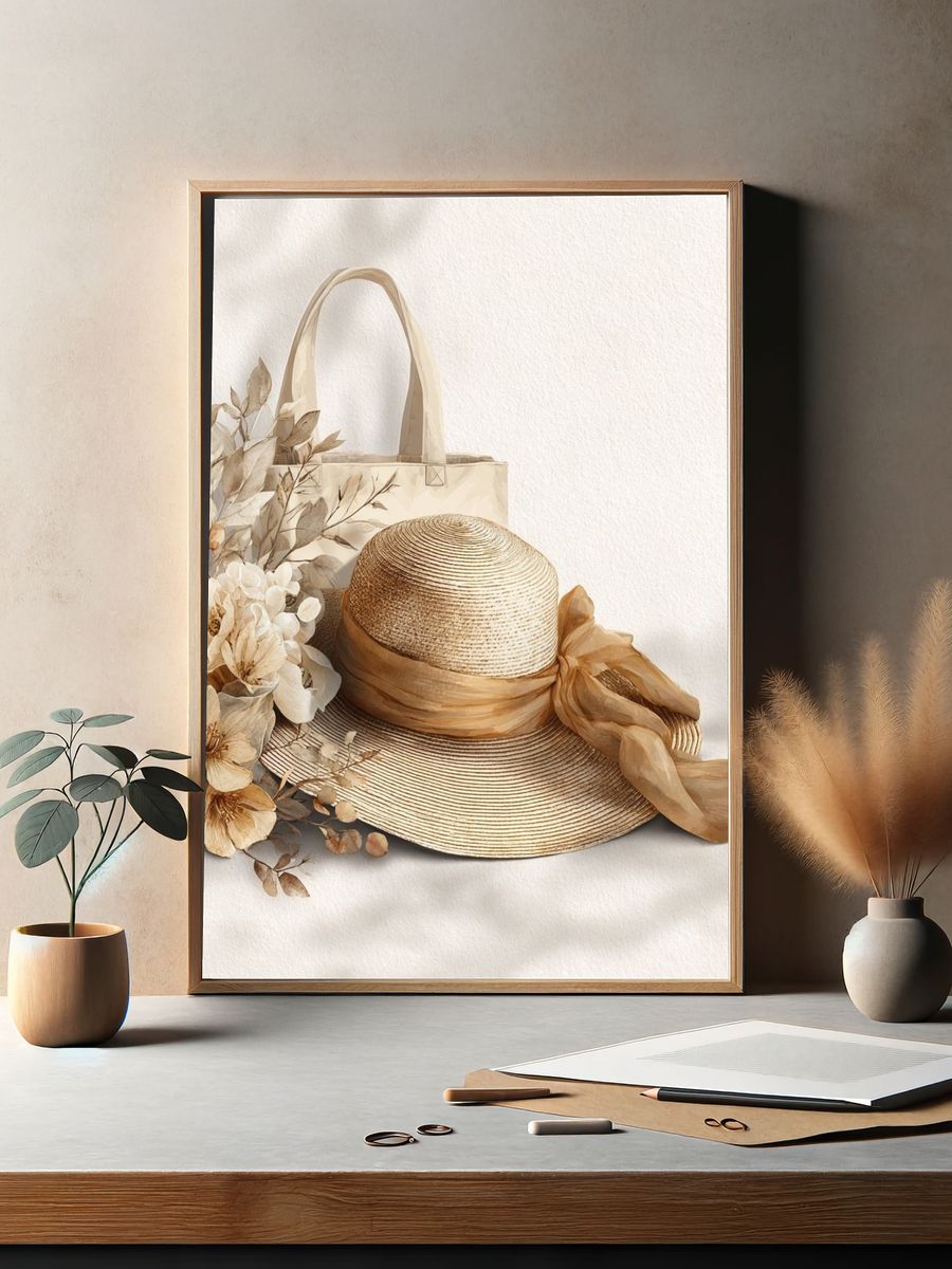 Elegant Straw Hat and Floral Arrangement Poster. — room view 2
