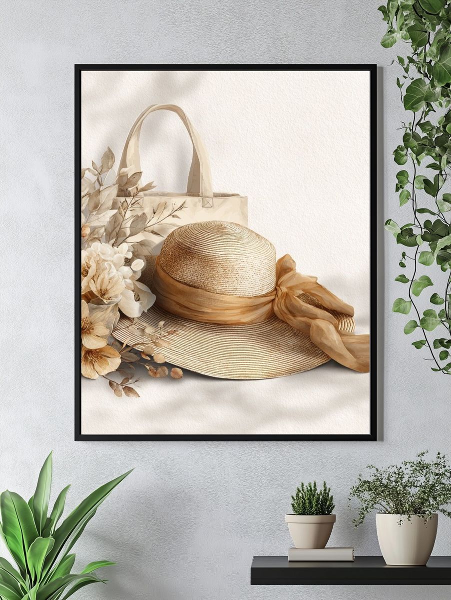 Elegant Straw Hat and Floral Arrangement Poster. — room view 4