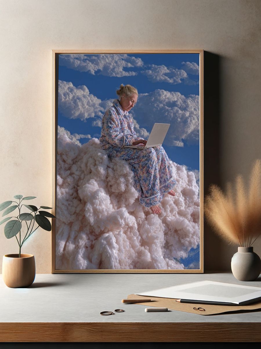 Elderly Woman on Cloud — Surreal Print. — room view 2