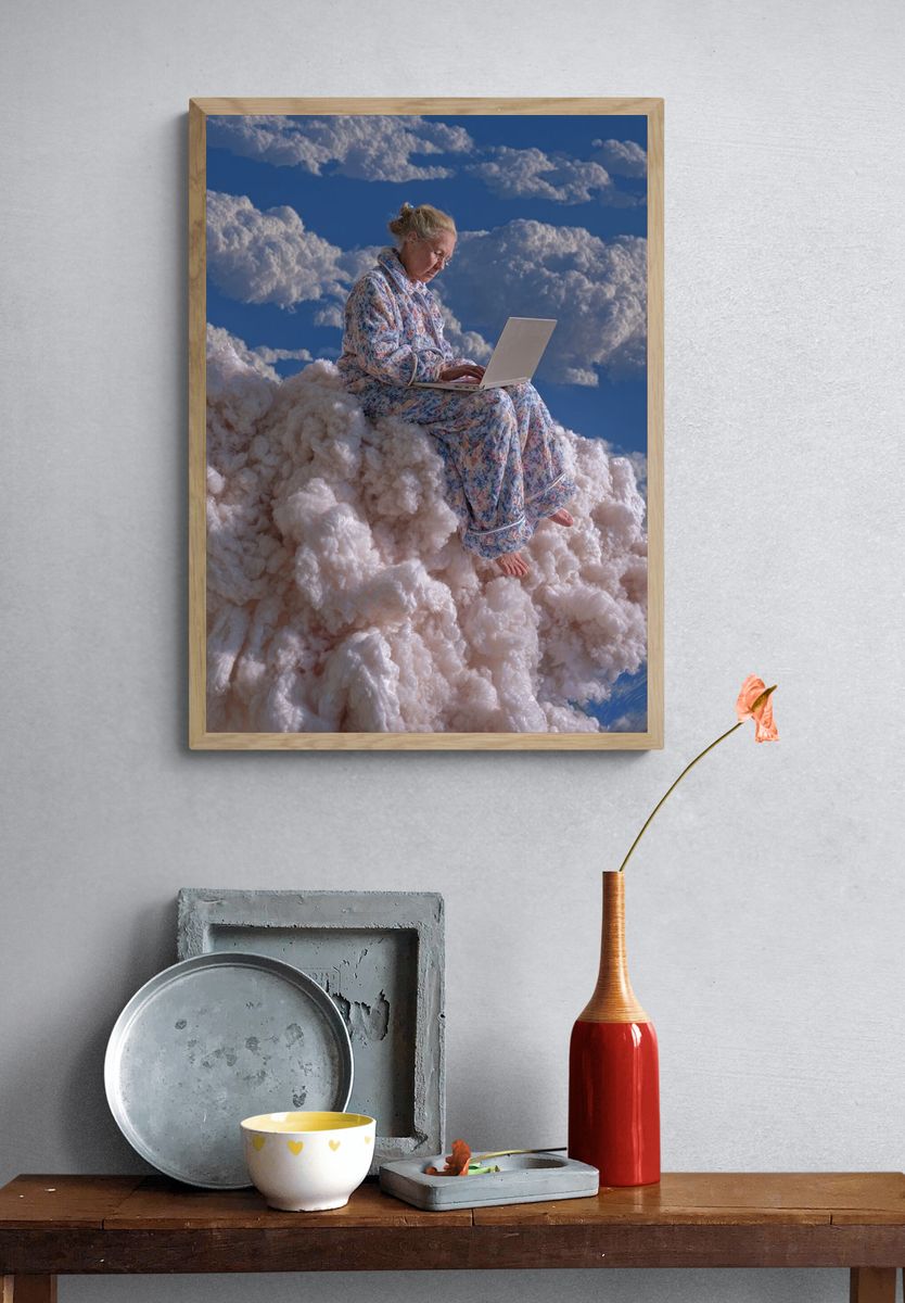 Elderly Woman on Cloud — Surreal Print. — room view 3