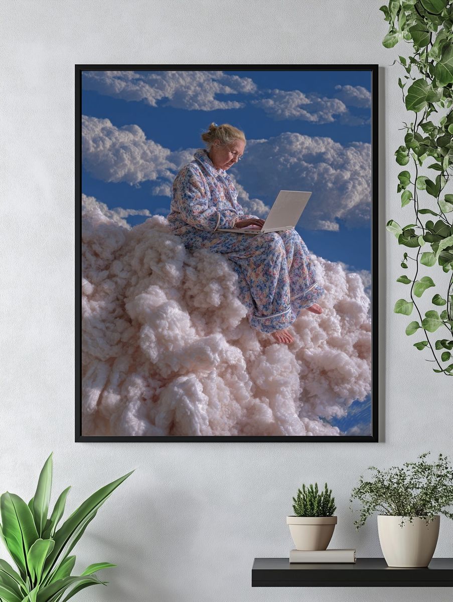 Elderly Woman on Cloud — Surreal Print. — room view 4