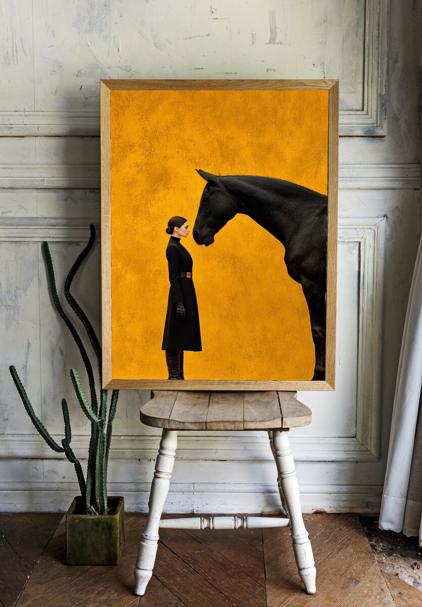 Elegant Woman and Black Horse — Fine Art Print. — room view 1