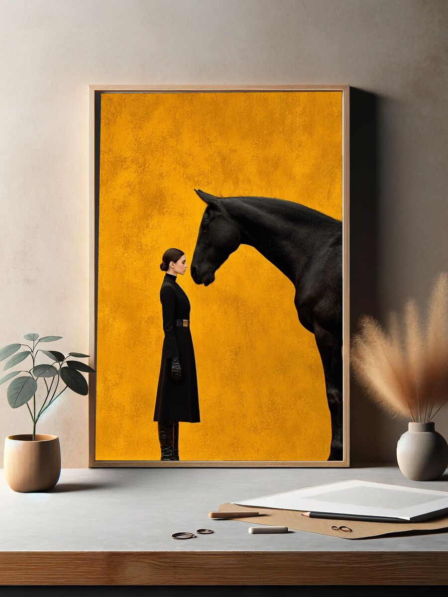 Elegant Woman and Black Horse — Fine Art Print. — room view 2