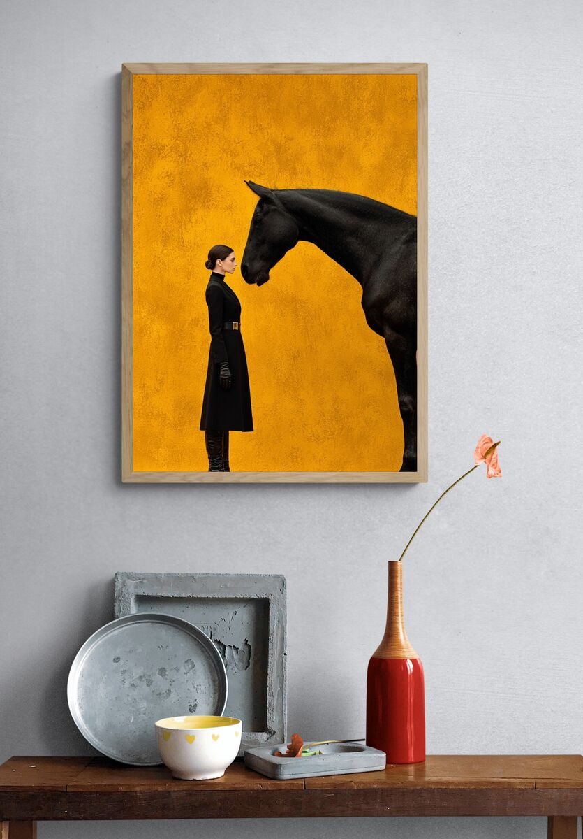 Elegant Woman and Black Horse — Fine Art Print. — room view 3