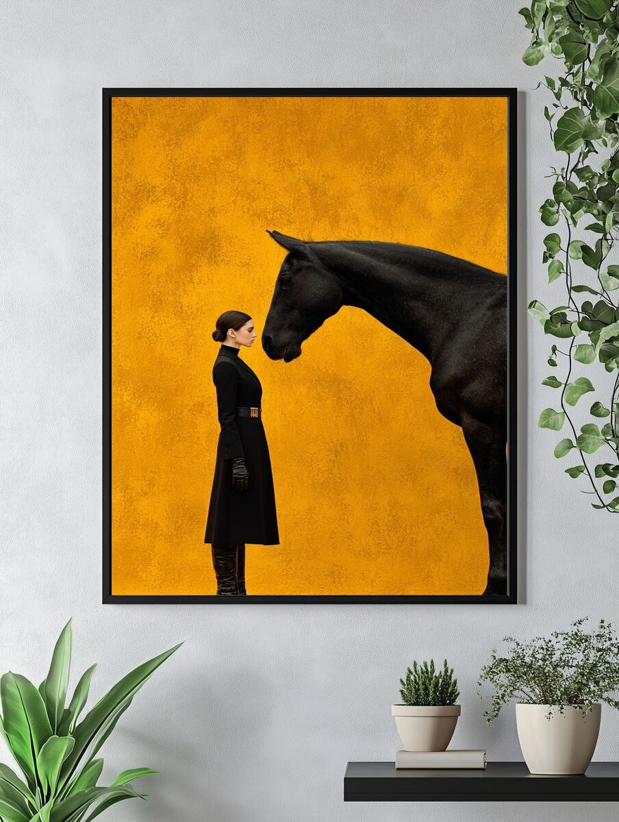 Elegant Woman and Black Horse — Fine Art Print. — room view 4