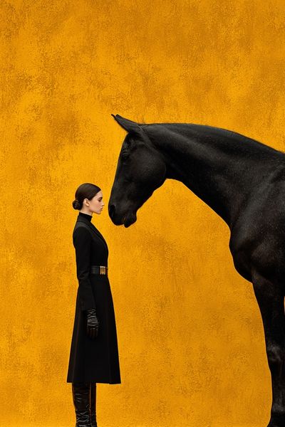 Elegant Woman and Black Horse — Fine Art Print