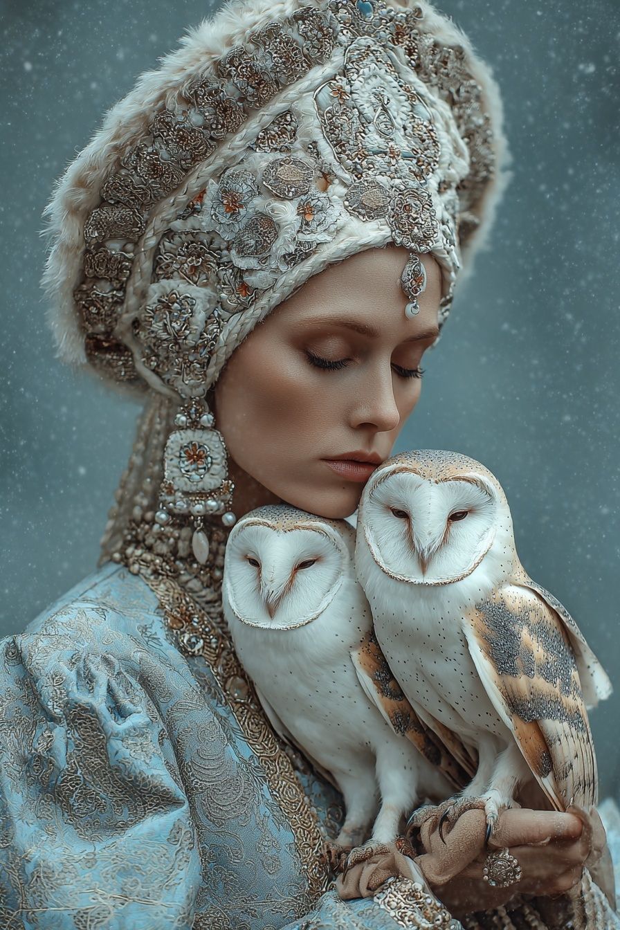 Elegant Woman with Owls — Fine Art Print. poster detail