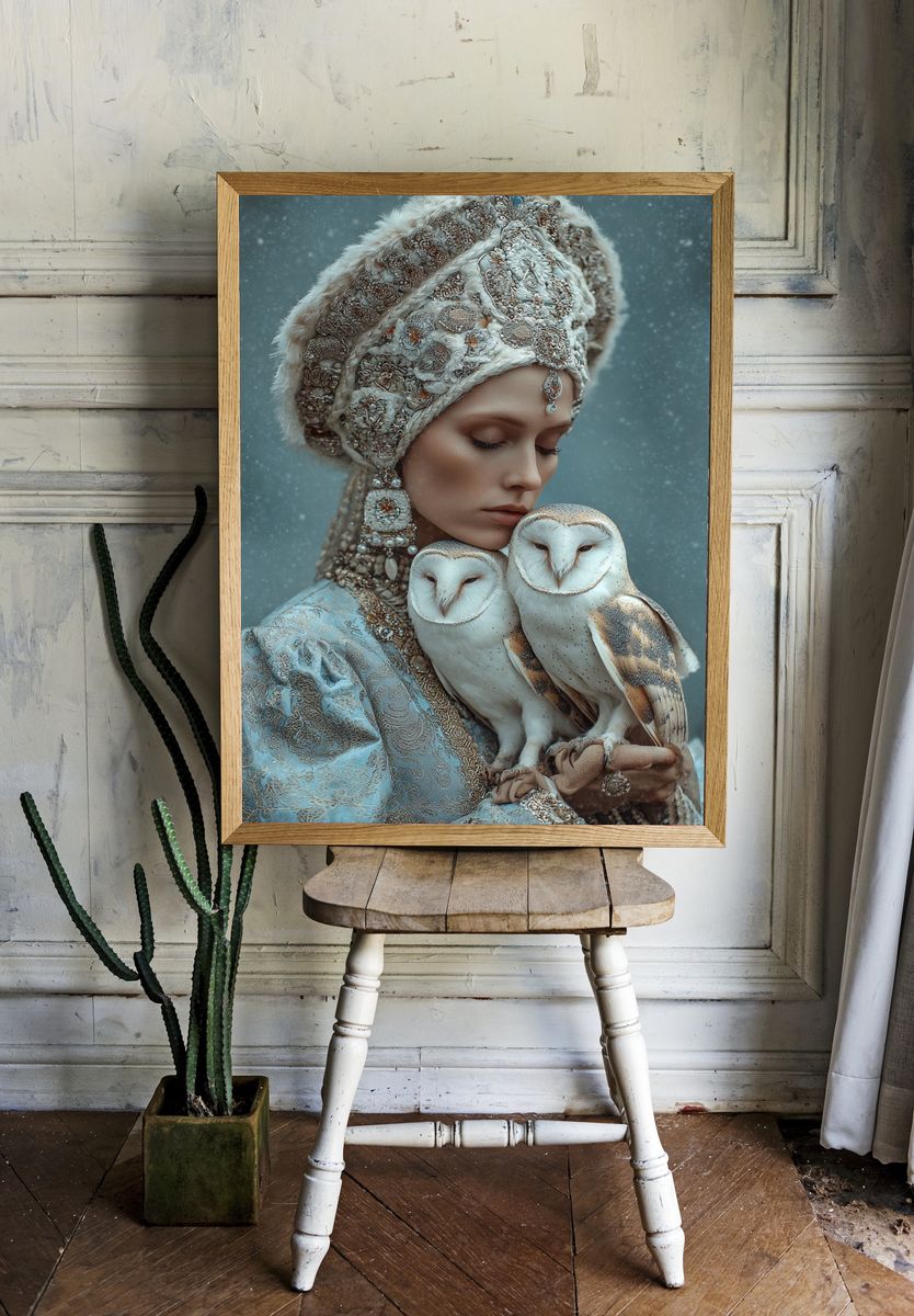 Elegant Woman with Owls — Fine Art Print. — room view 1