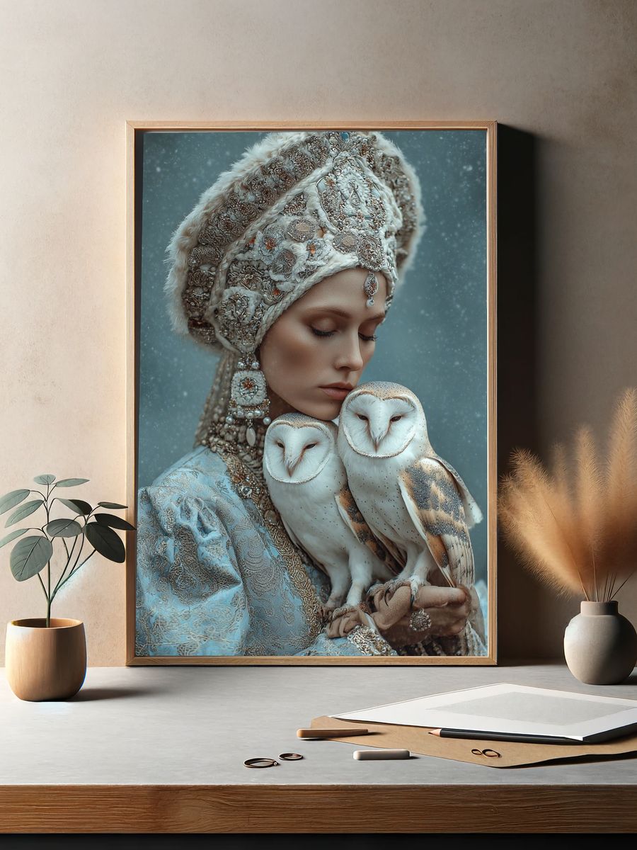 Elegant Woman with Owls — Fine Art Print. — room view 2