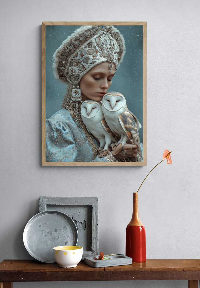 Elegant Woman with Owls — Fine Art Print. — room view 3