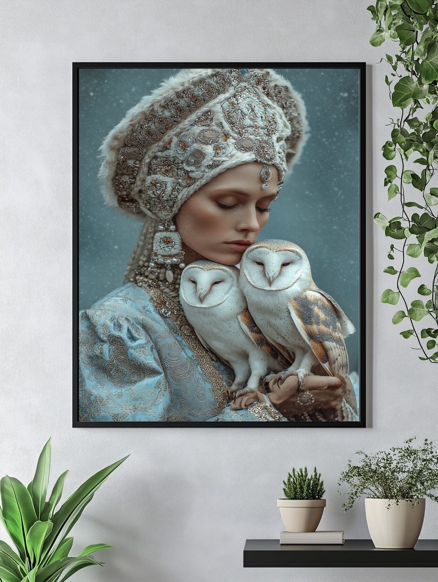 Elegant Woman with Owls — Fine Art Print. — room view 4