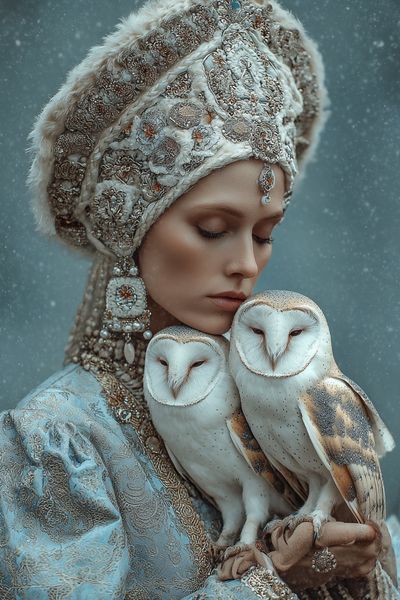 Elegant Woman with Owls — Fine Art Print. poster print