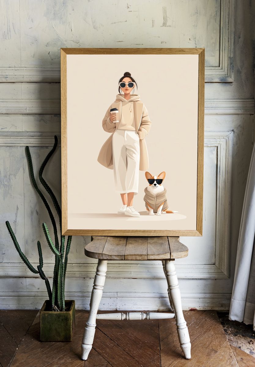 Stylish Woman with Dog — Illustration Print. — room view 1