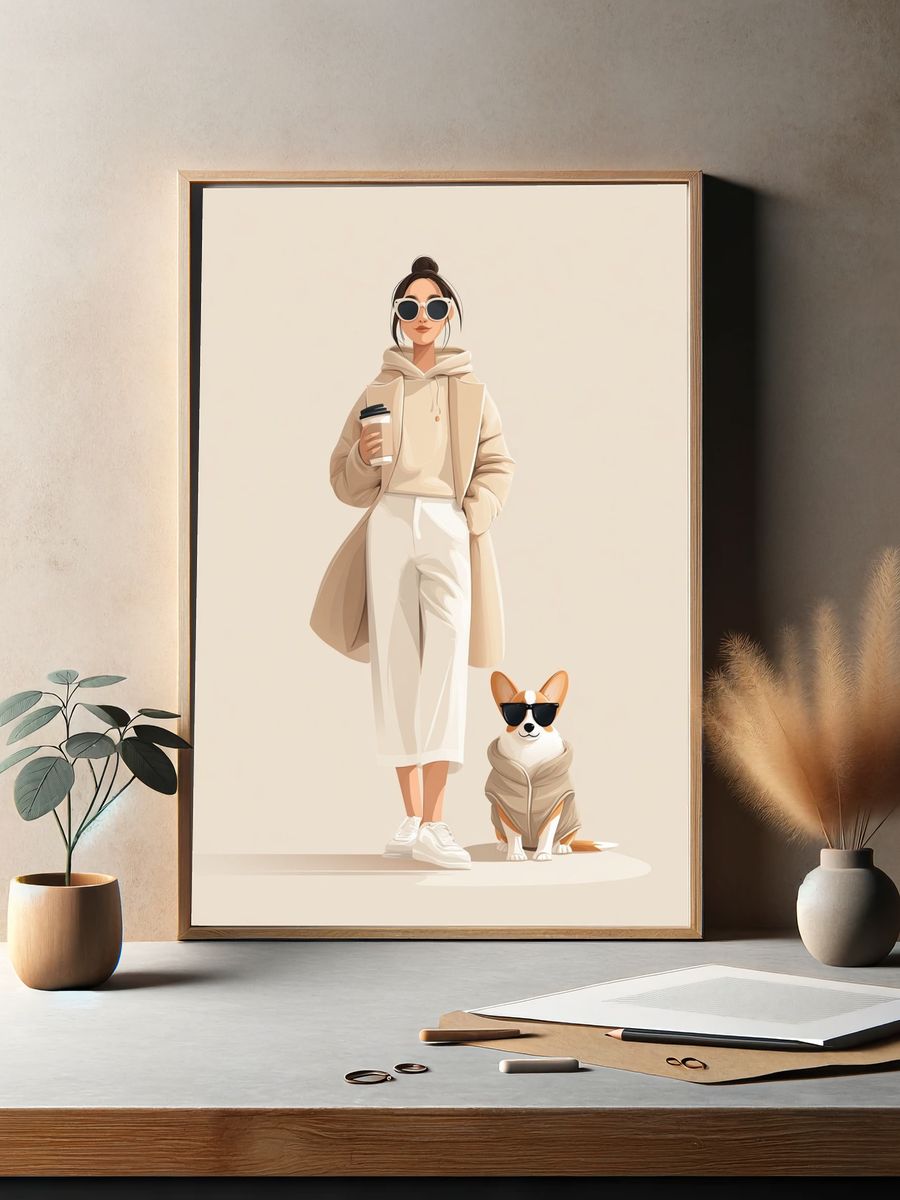 Stylish Woman with Dog — Illustration Print. — room view 2