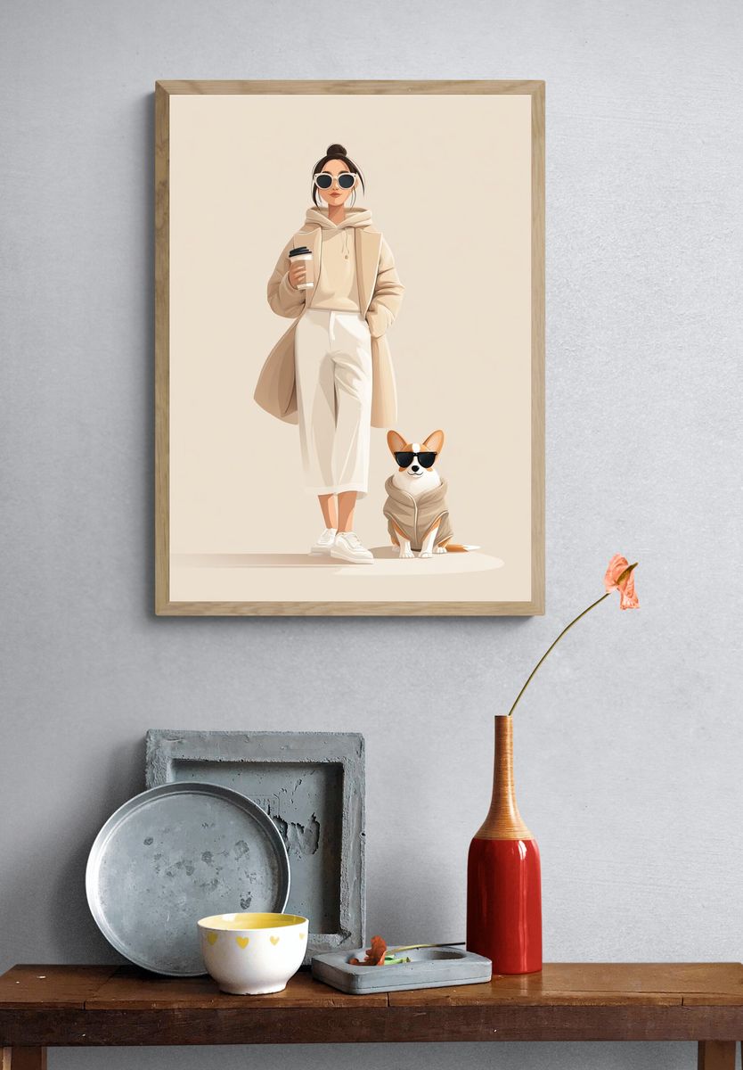 Stylish Woman with Dog — Illustration Print. — room view 3