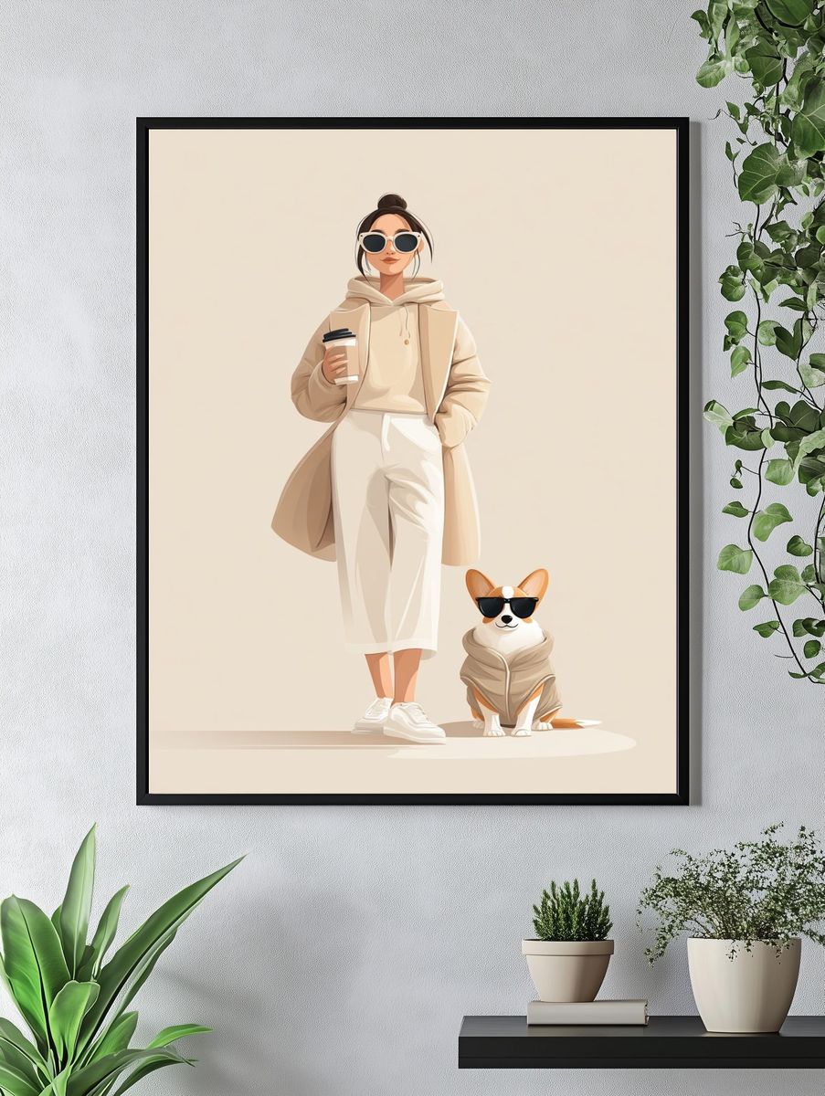 Stylish Woman with Dog — Illustration Print. — room view 4