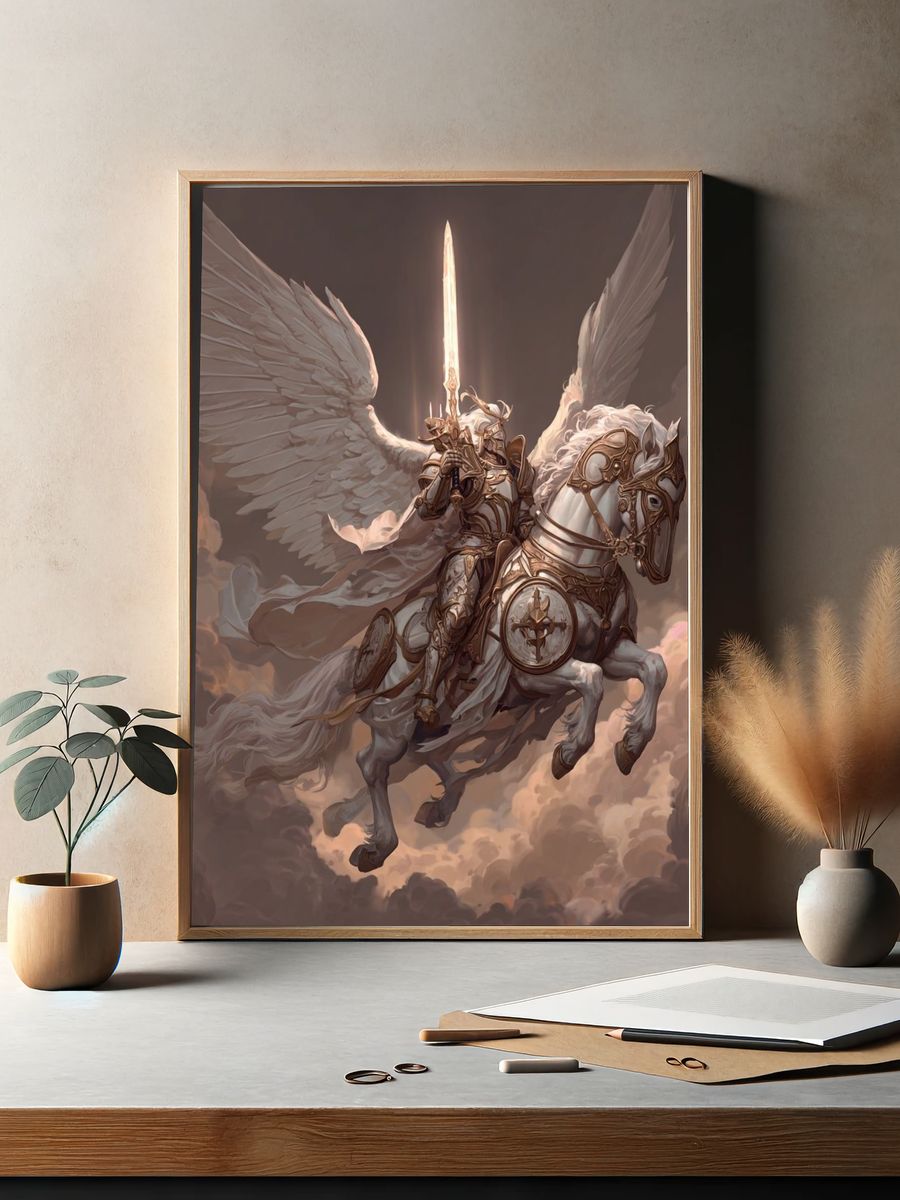 Winged Knight on Pegasus Fantasy Print. — room view 2