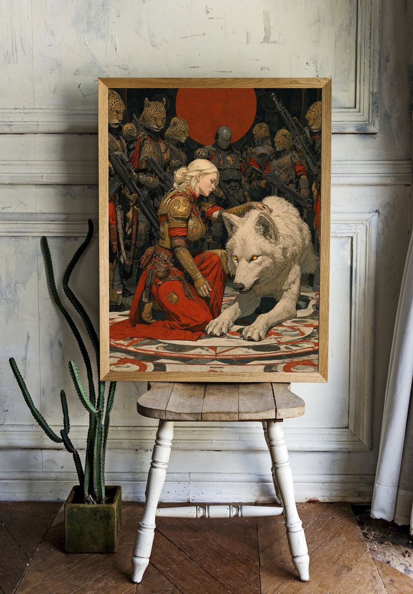 Fantasy Warrior and Wolf Print. — room view 1