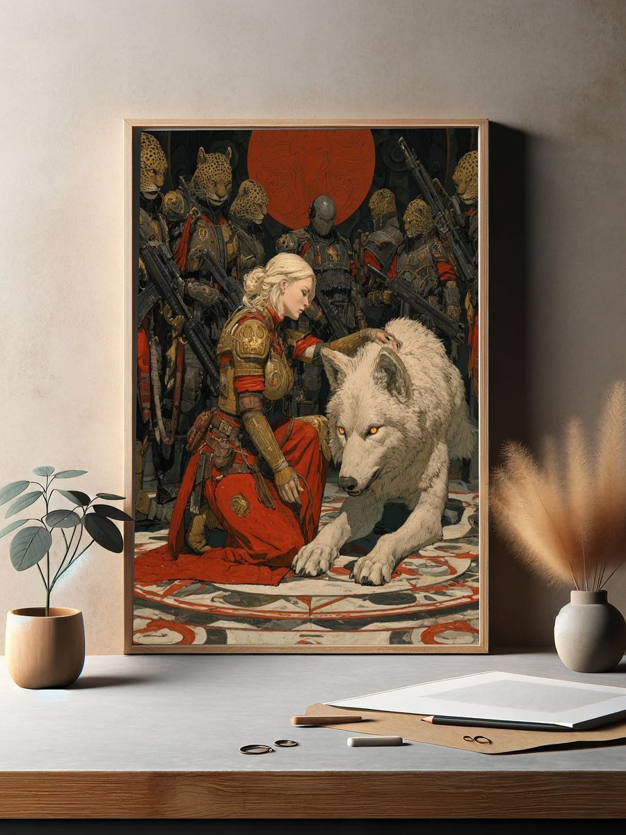 Fantasy Warrior and Wolf Print. — room view 2