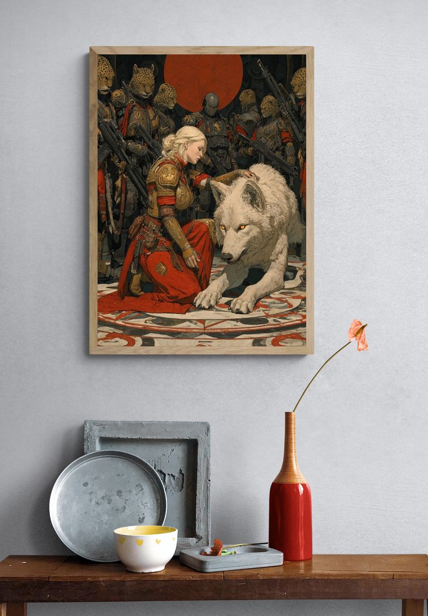 Fantasy Warrior and Wolf Print. — room view 3