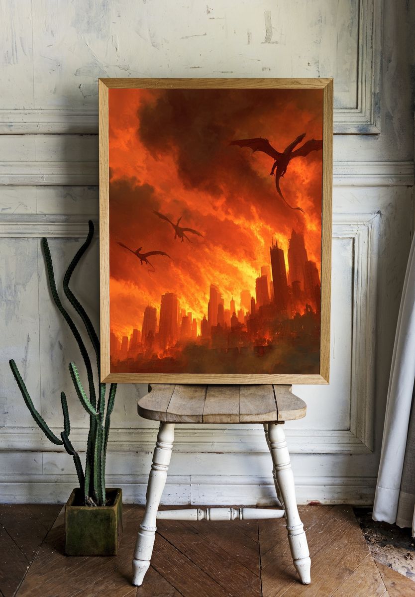 Dragons Over Burning City — Fantasy Art Print. — room view 1