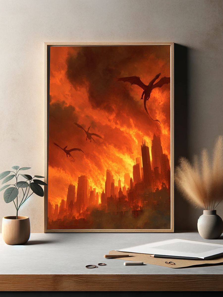 Dragons Over Burning City — Fantasy Art Print. — room view 2