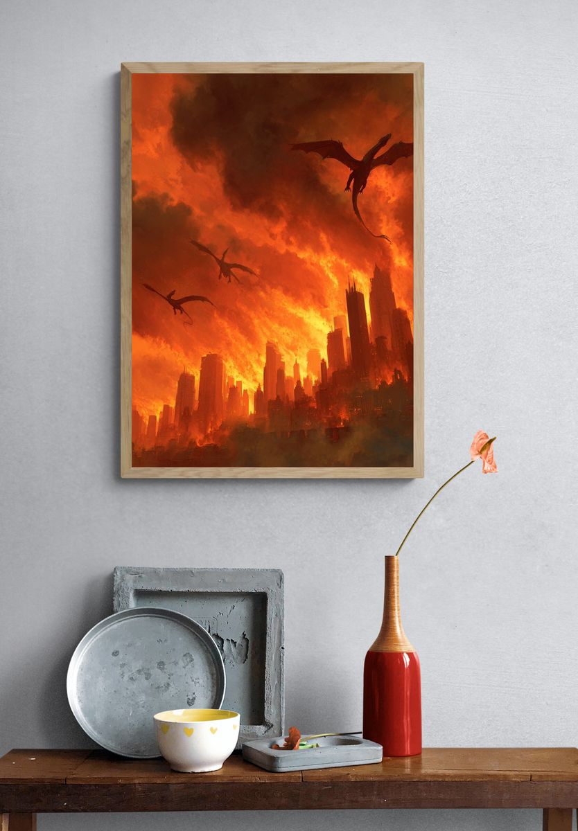 Dragons Over Burning City — Fantasy Art Print. — room view 3