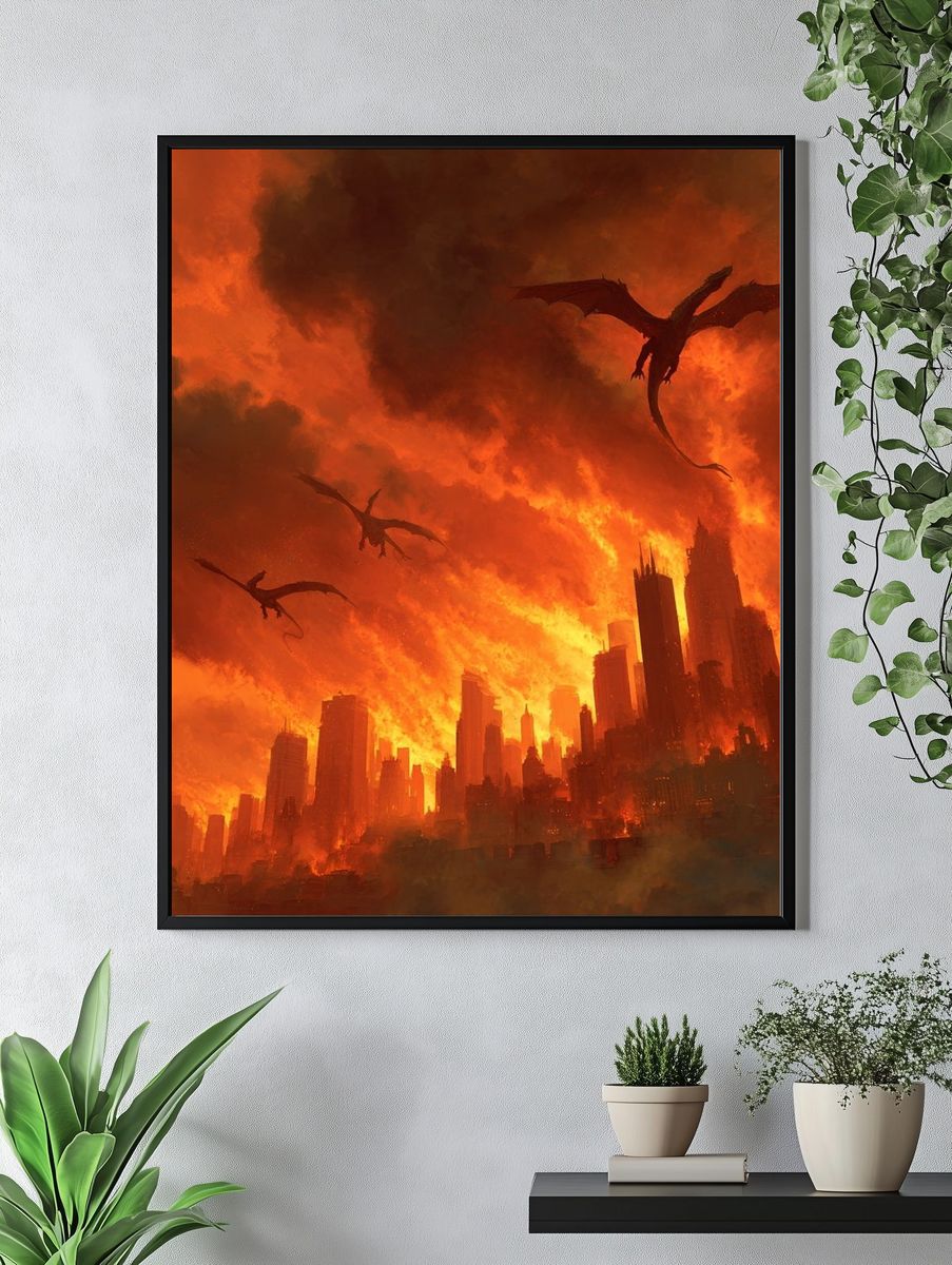 Dragons Over Burning City — Fantasy Art Print. — room view 4