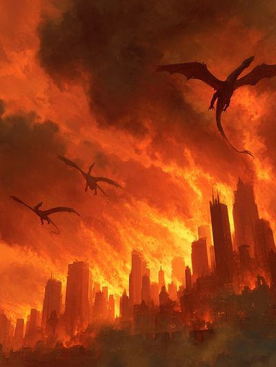 Dragons Over Burning City — Fantasy Art Print. poster print