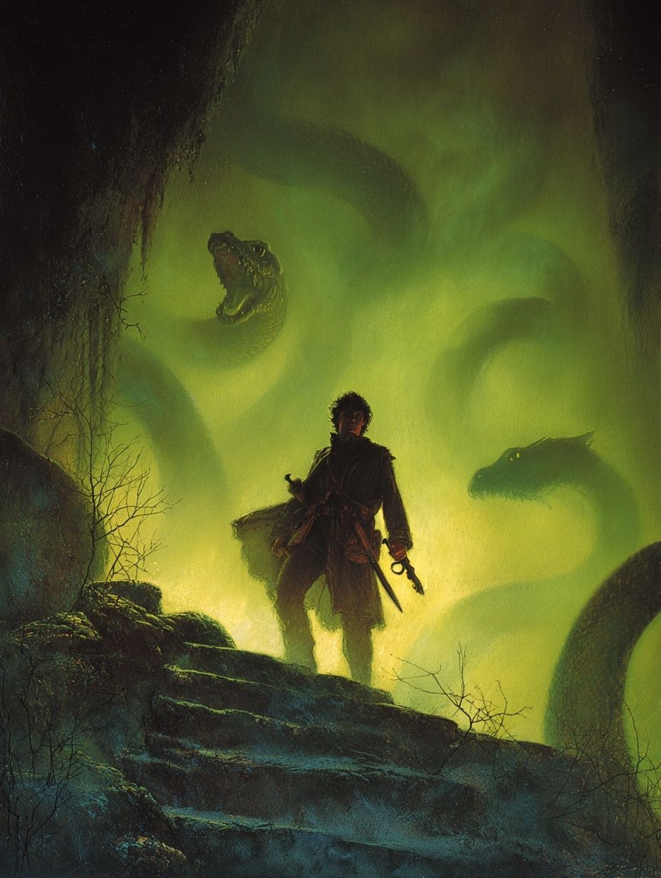 Adventurer and Serpents — Fantasy Print. poster — fine-art art