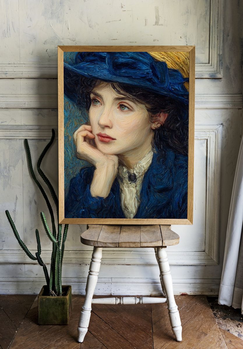 Thoughtful Woman in Blue — Fine Art Print. — room view 1
