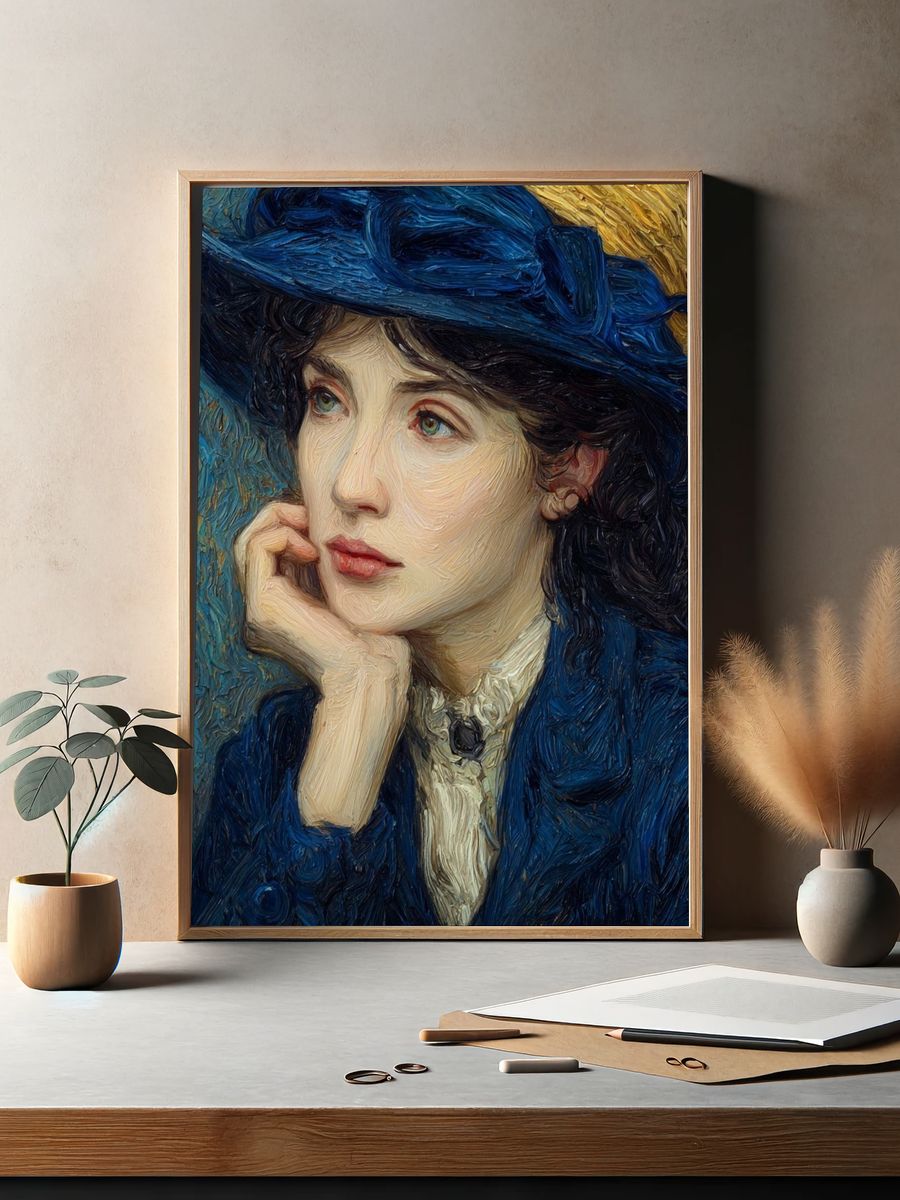 Thoughtful Woman in Blue — Fine Art Print. — room view 2
