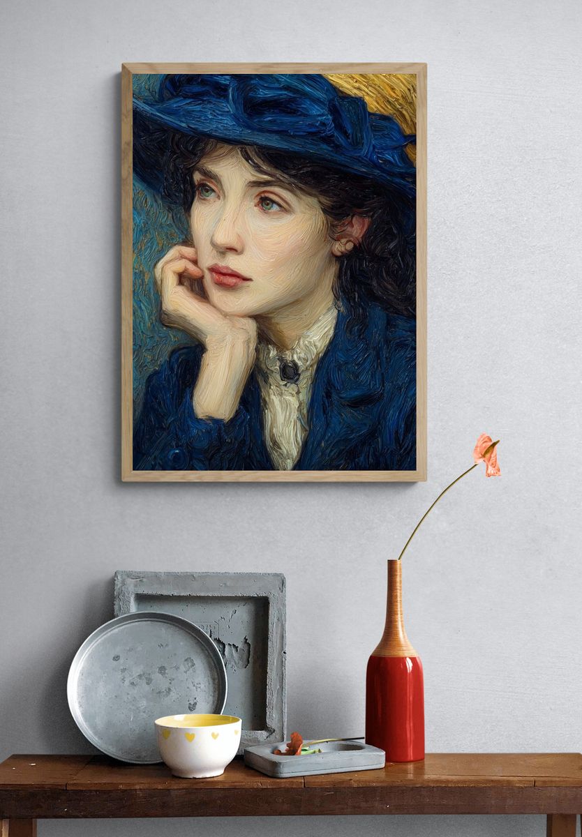 Thoughtful Woman in Blue — Fine Art Print. — room view 3