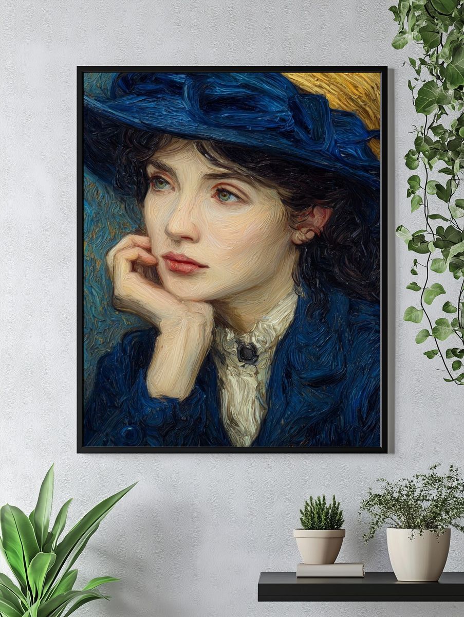 Thoughtful Woman in Blue — Fine Art Print. — room view 4