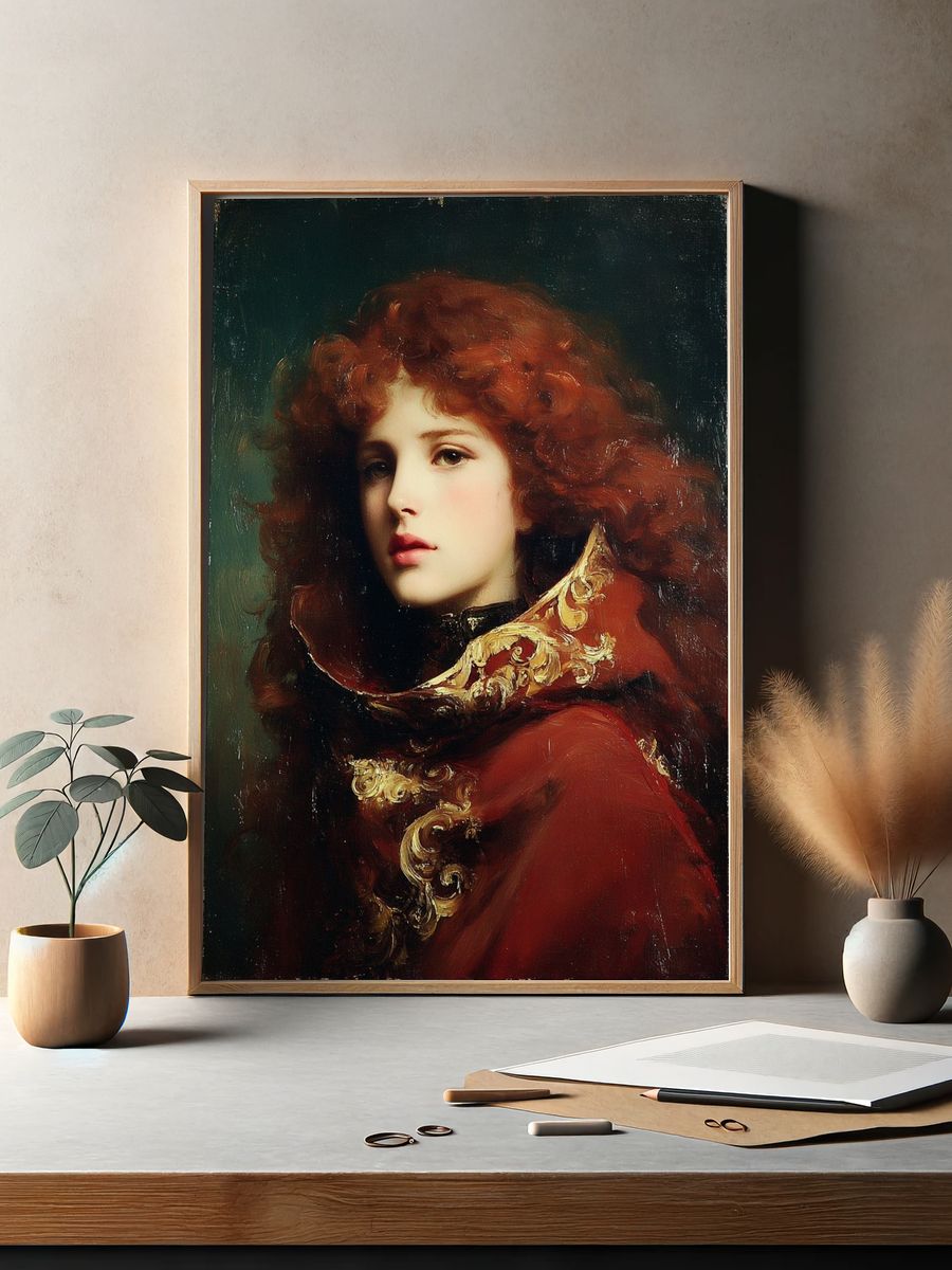 Elegant Woman in Red Cloak — Fine Art Print. — room view 2