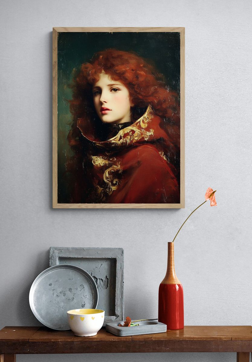 Elegant Woman in Red Cloak — Fine Art Print. — room view 3