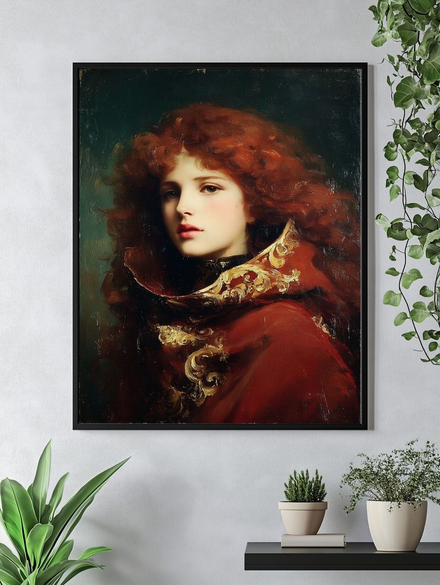 Elegant Woman in Red Cloak — Fine Art Print. — room view 4