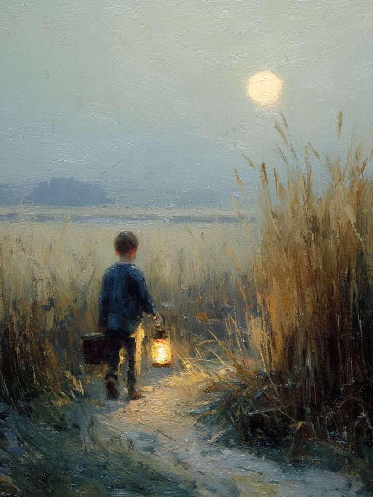 Moonlit Marsh Walk Painting Poster. poster detail