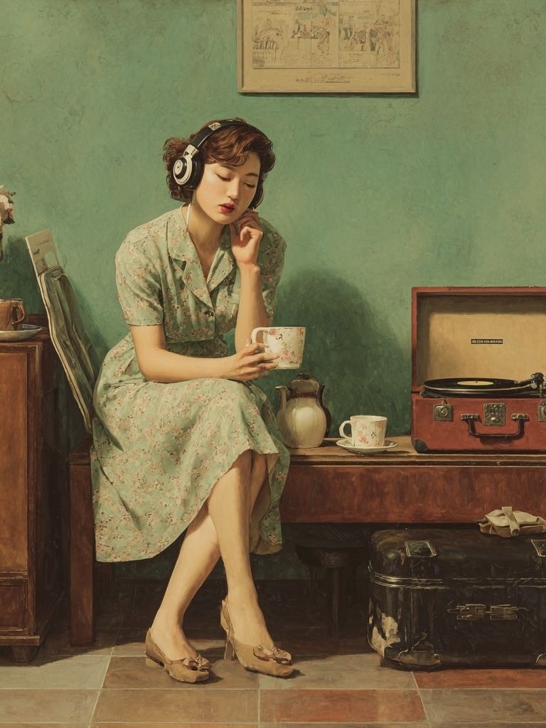 Vintage Woman with Record Player Print. poster — fine-art art