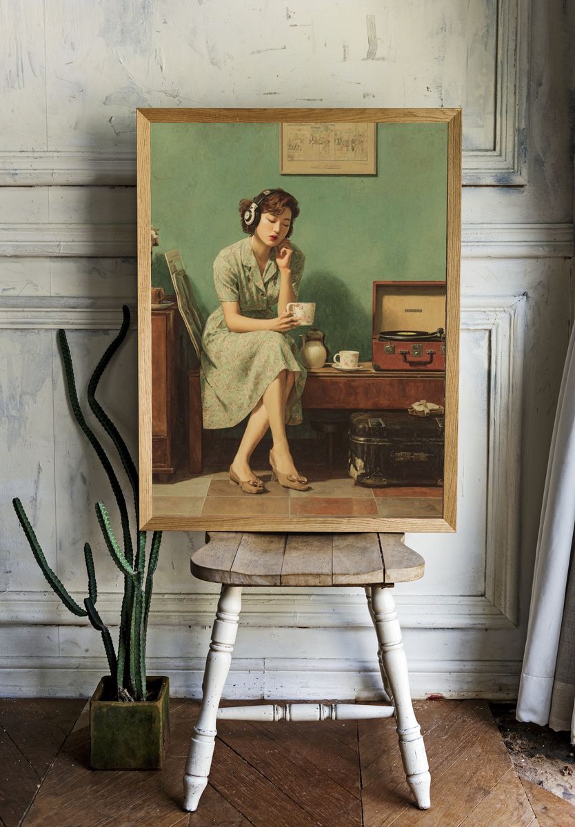 Vintage Woman with Record Player Print. — room view 1