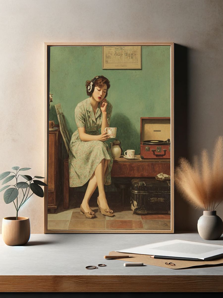 Vintage Woman with Record Player Print. — room view 2