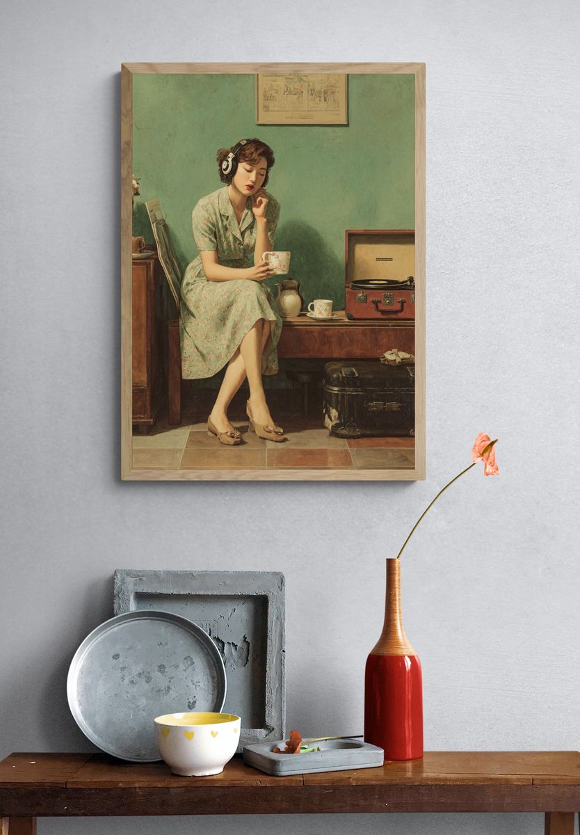 Vintage Woman with Record Player Print. — room view 3