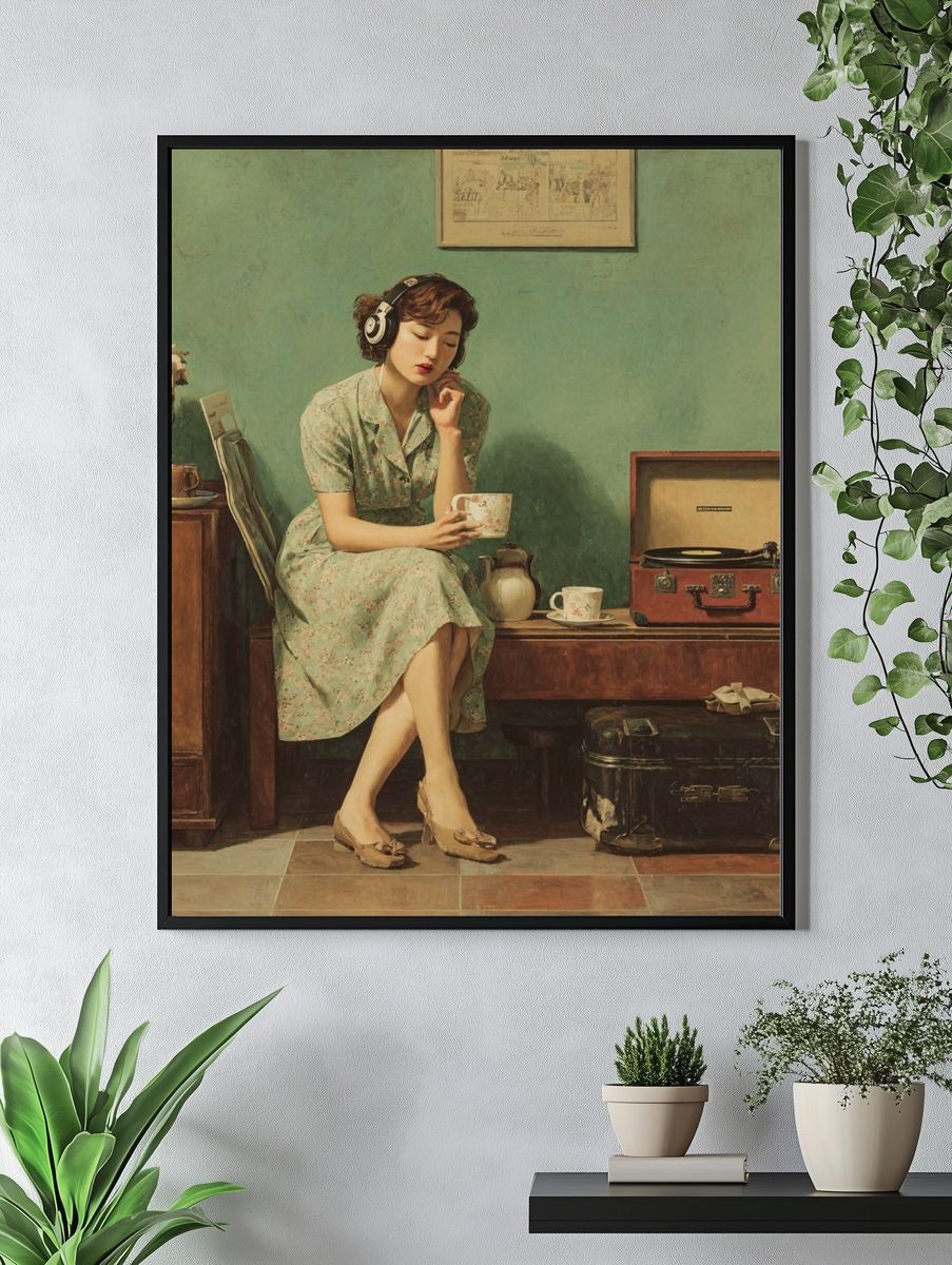 Vintage Woman with Record Player Print. — room view 4