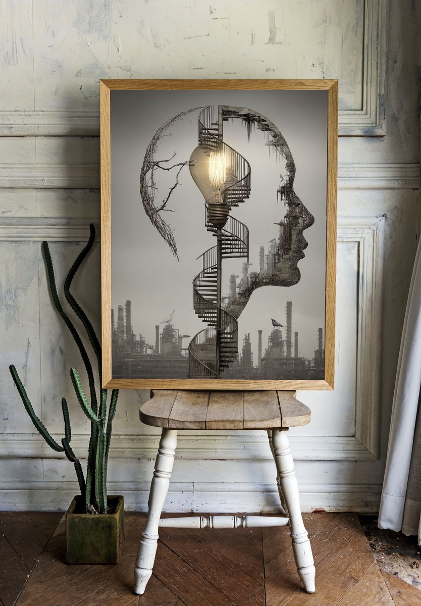 Surreal Lightbulb Spiral — Fine Art Print. — room view 1
