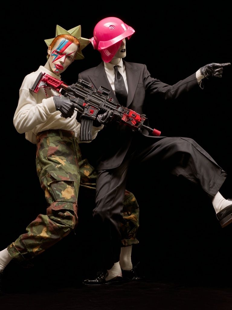 Stylish Duo with Gun — Contemporary Print. poster — fine-art art